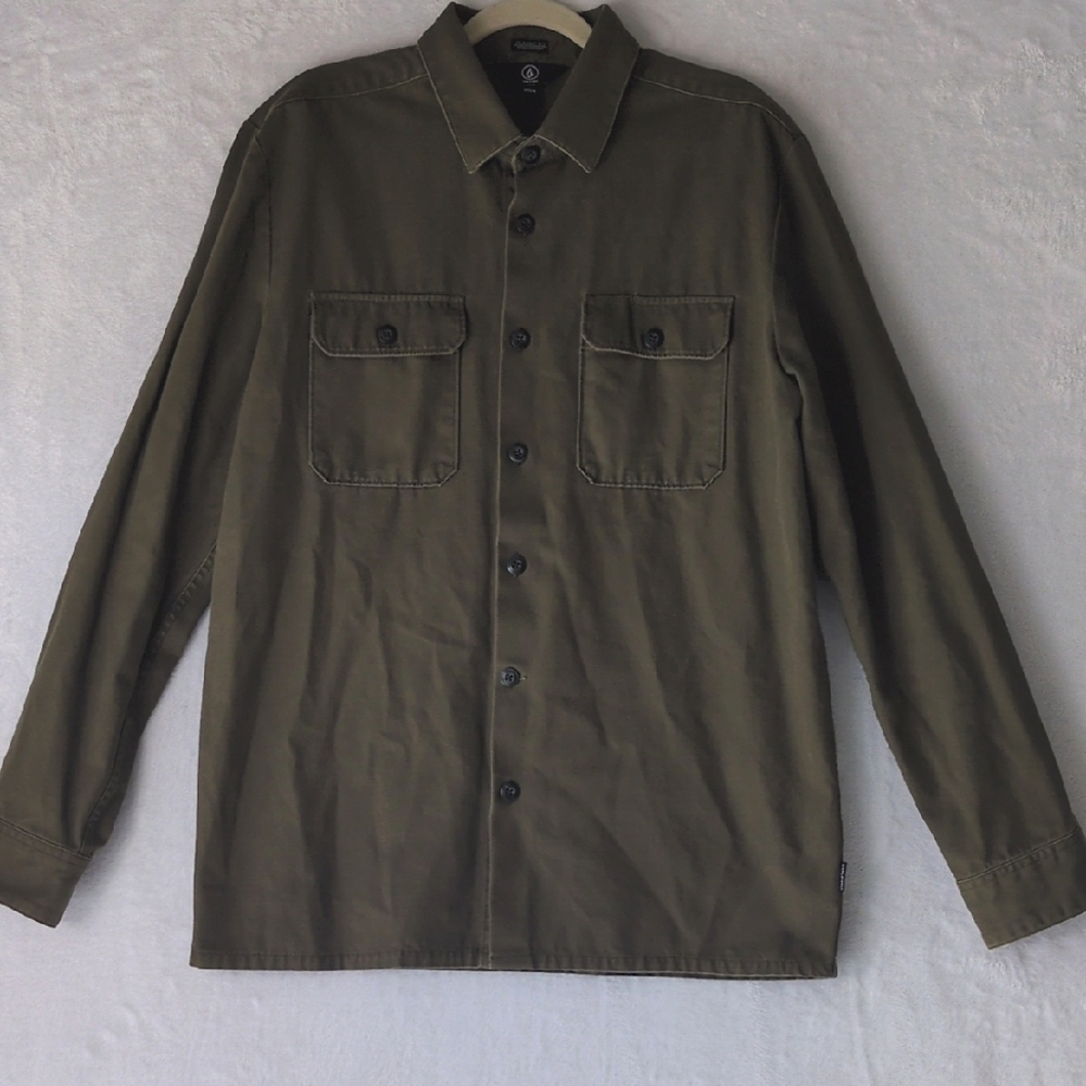 Volcom Men's Olive Green Classic Fit Shacket Button Down Shirt Size M
